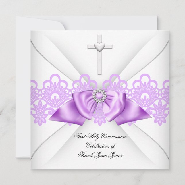 Invitación Chica Primera Comunión Santa Lilac Lace Bow White (Anverso)