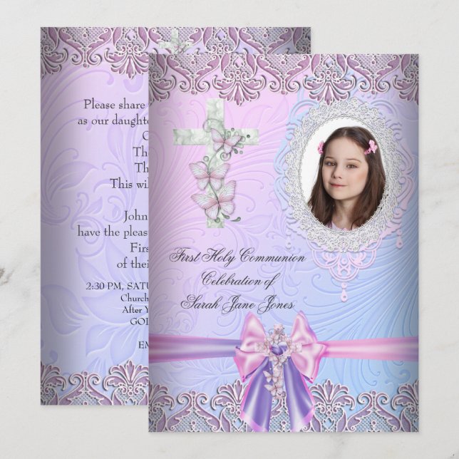 Invitación Chica Primero Bonito de la Santa Comunión Foto Ros (Anverso / Reverso)