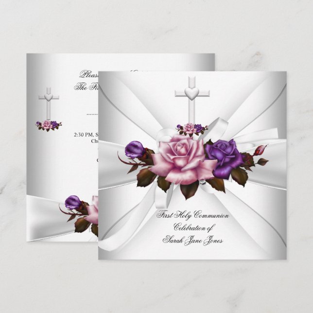 Invitación Chica Primero Comunión Blanca Plata Púrpura Rosa (Anverso / Reverso)