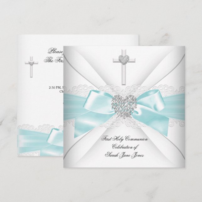 Invitación Chica Primero Comunión Blanca Verde azulada Corazó (Anverso / Reverso)