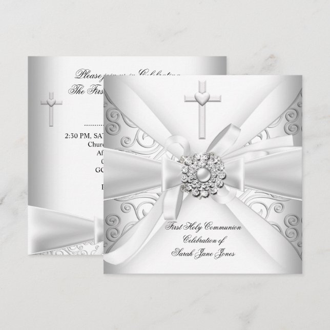 Invitación Chica Primero Comunión Santa Damask Plata Blanca (Anverso / Reverso)