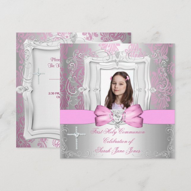 Invitación Chica Primero Comunión Santa Foto Rosa Plata (Anverso / Reverso)