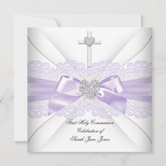 Invitación Chica Primero Comunión Santa Lilac Lace Corazón Bl (Anverso)