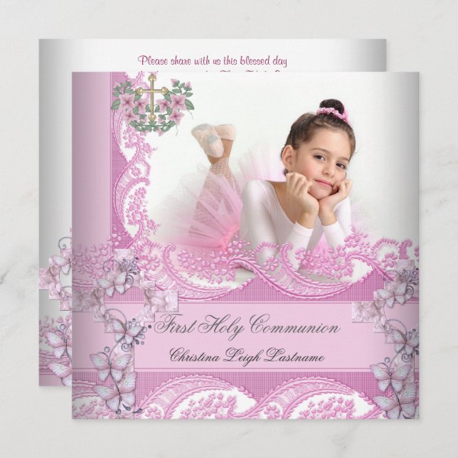 Invitación Chica Primero la Santa Comunión, la foto rosa (Anverso / Reverso)