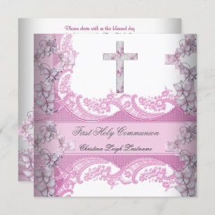 Invitación Chica Primero la Santa Comunión Lace Pink
