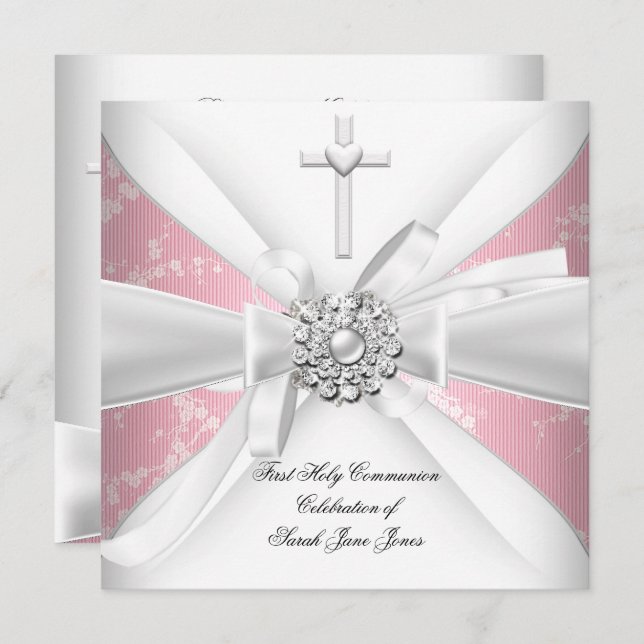 Invitación Chica Primero Santa Comunión Blossom Blanco Rosa (Anverso / Reverso)