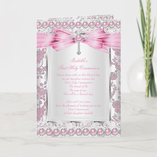 Invitación Chica Primero Santa Comunión Cruz Damask Plata Ros (Anverso)