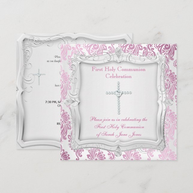 Invitación Chica Primero Santa Comunión Cruz de Plata Rosa (Anverso / Reverso)