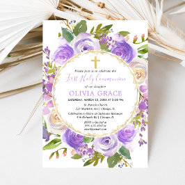 Invitación Chica Primero Santa Comunión Floral Purple Lavanda
