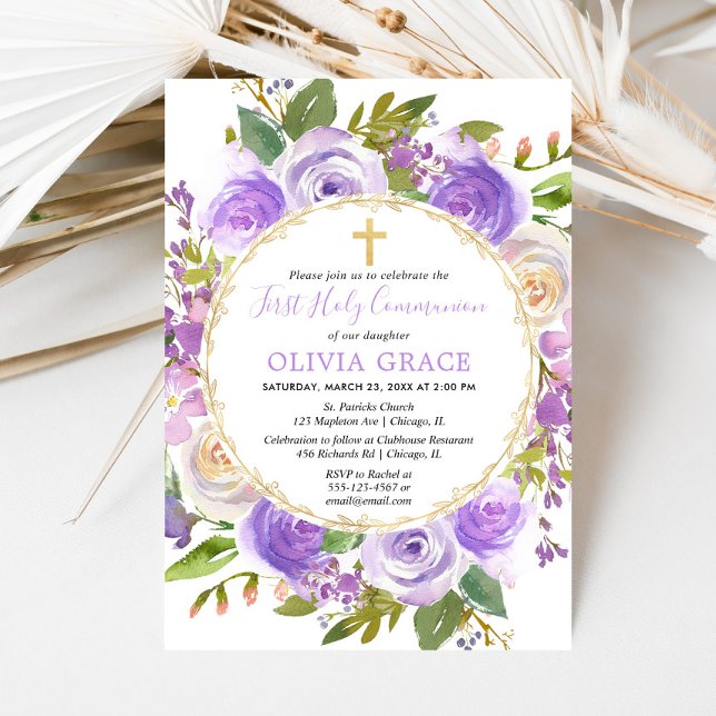 Invitación Chica Primero Santa Comunión Floral Purple Lavanda (Subido por el creador)