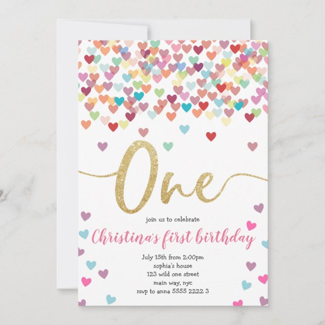 Invitación Chica Primeros corazones de cumpleaños Purpurina d (Anverso)