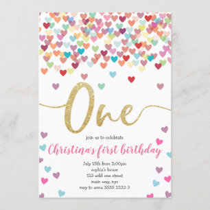 Invitación Chica Primeros corazones de cumpleaños Purpurina d