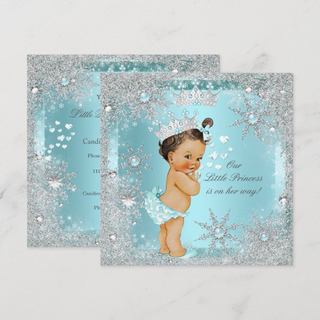 Invitación Chica Princesa Baby Shower Azul Turquesa Corazón M (Anverso / Reverso)
