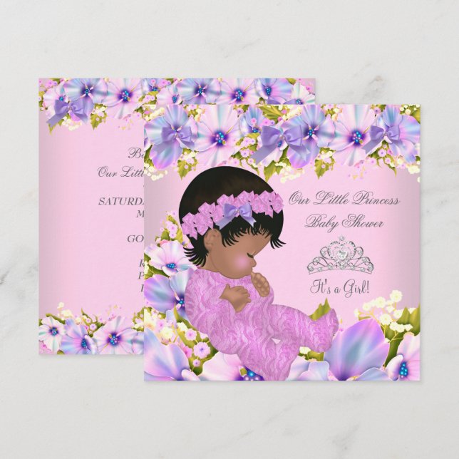 Invitación Chica Princesa Baby Shower floral Púrpura Rosa (Anverso / Reverso)