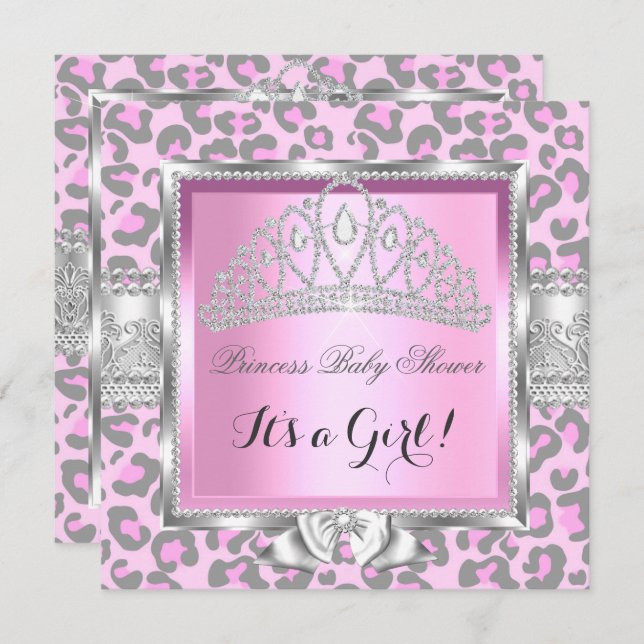 Invitación Chica Princesa Baby Shower Leopardo gris rosado (Anverso / Reverso)