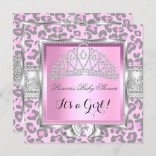 Invitación Chica Princesa Baby Shower Leopardo gris rosado