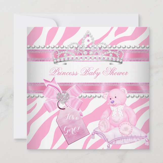 Invitación Chica Princesa Baby Shower Oso Blanco Rosa Zebra (Anverso)