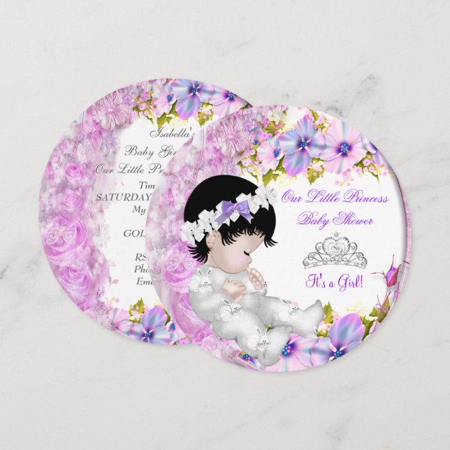 Invitación Chica Princesa Baby Shower Pink Purple Floral 3a (Anverso / Reverso)