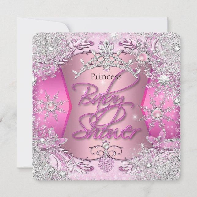 Invitación Chica Princesa Baby Shower Plata Rosada Copos de n (Anverso)