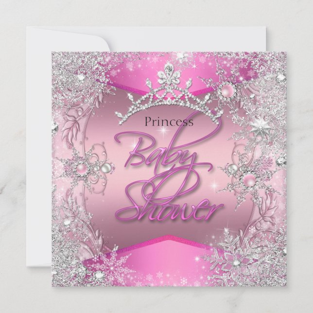 Invitación Chica Princesa Baby Shower Plata Rosada Copos de N (Anverso)