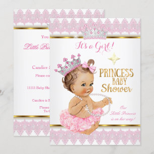 Invitación Chica Princesa Baby Shower Rosa Tutú Dorado Morena