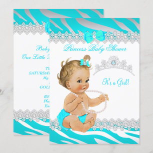 Invitación Chica Princesa Baby Shower Teal Cebra Rubia