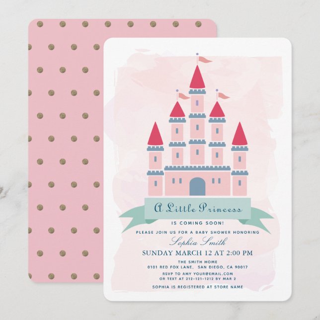 Invitación Chica Princesa Castillo Rosa Baby Shower (Anverso / Reverso)