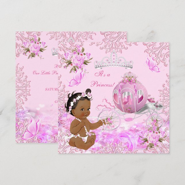 Invitación Chica Princesa Cumpleaños Rosa Carruaje Étnico (Anverso / Reverso)