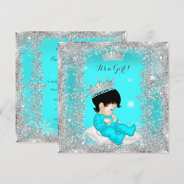 Invitación Chica Princesa Cumpleaños Teal Azul Plateado Moren (Anverso / Reverso)