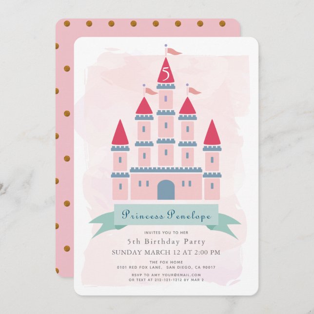 Invitación Chica Princesa de Castillo Rosa Cumpleaños (Anverso / Reverso)