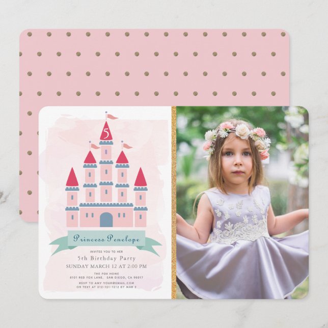 Invitación Chica Princesa de Castillo Rosa Foto Cumpleaños (Anverso / Reverso)
