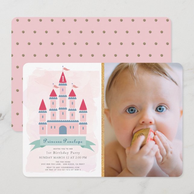 Invitación Chica Princesa de Castillo Rosa Foto Primer Cumple (Anverso / Reverso)
