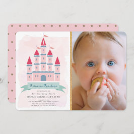 Invitación Chica Princesa de Castillo Rosa Foto Primer Cumple