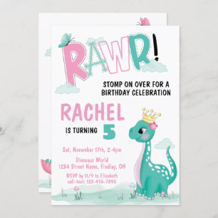Invitación Chica Princesa Dinosaurio Rosa y fiesta Verde azul