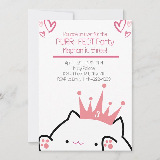 Invitación Chica Princesa Pink Cat Purr-fect Cumpleaños (Anverso)
