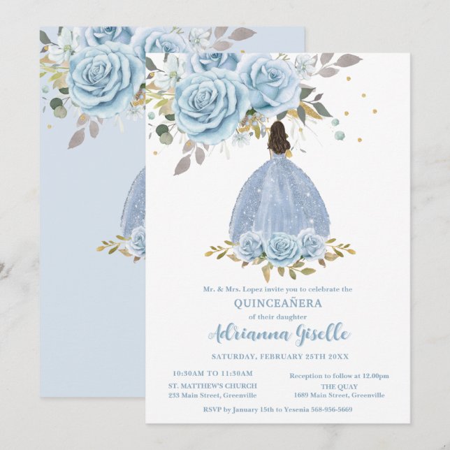 Invitación Chica Princesa Quinceanera floral de oro azul bebé (Anverso / Reverso)