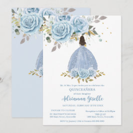 Invitación Chica Princesa Quinceanera floral de oro azul bebé