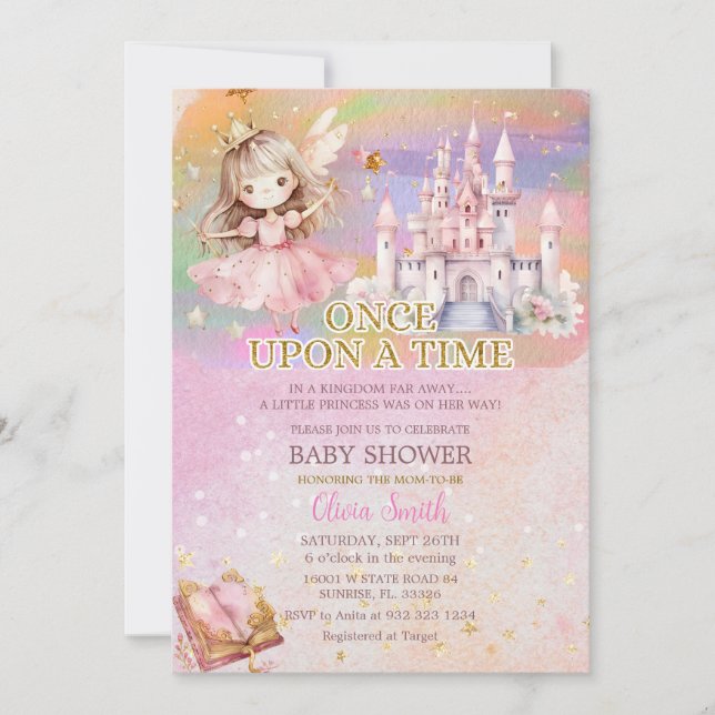 Invitación Chica Princesa Rubor Rosa Rainbow Baby Shower (Anverso)