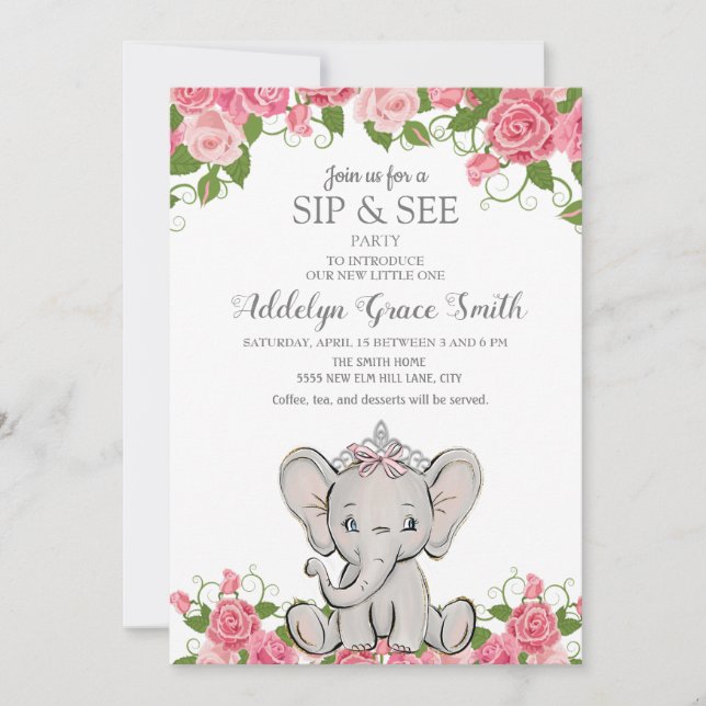 Invitación Chica Princesa Tiara Elefante Sip Floral Rosa Ver (Anverso)
