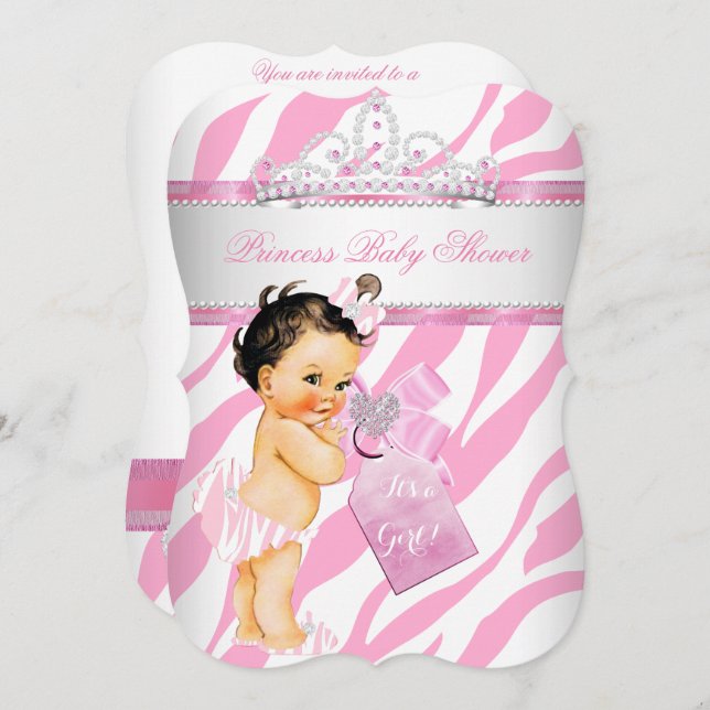 Invitación Chica Princess Baby Shower Zebra Pink Brunette (Anverso / Reverso)