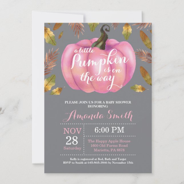 Invitación Chica Pumpkin cayó Baby Shower Rosa y Gary (Anverso)