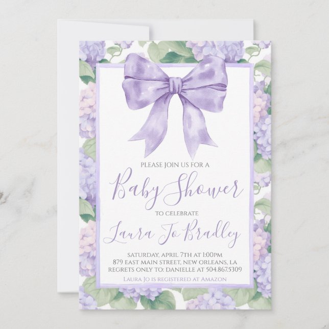 Invitación Chica Purple Bow Preppy Southern Baby Shower (Anverso)