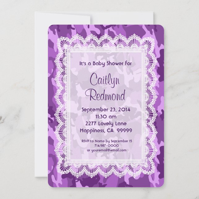 Invitación CHICA Purple Camouflage Lace Baby Shower A01B (Reverso)