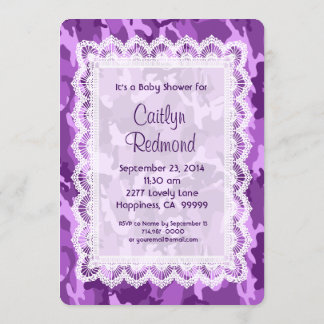 Invitación CHICA Purple Camouflage Lace Baby Shower A01B