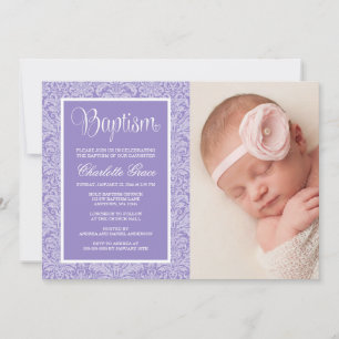 Invitación Chica Purple Damask bautismo bautizo