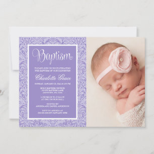 Invitación Chica Purple Damask bautismo bautizo