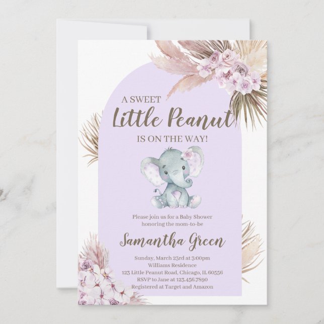 Invitación Chica Purple Elephant Baby Shower (Anverso)