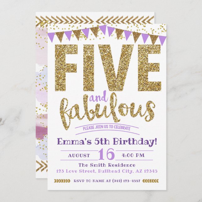 Invitación Chica Purple Five y Fabuloso quinto cumpleaños (Anverso / Reverso)