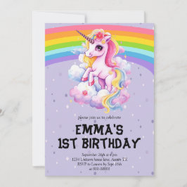 Invitación Chica Púrpura Arcoiris Unicornio 1 cumpleaños