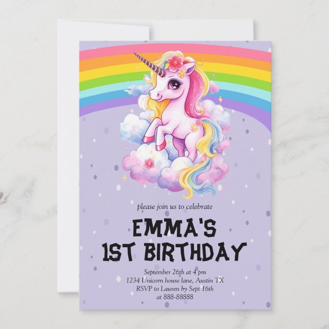 Invitación Chica Púrpura Arcoiris Unicornio 1 cumpleaños (Anverso)